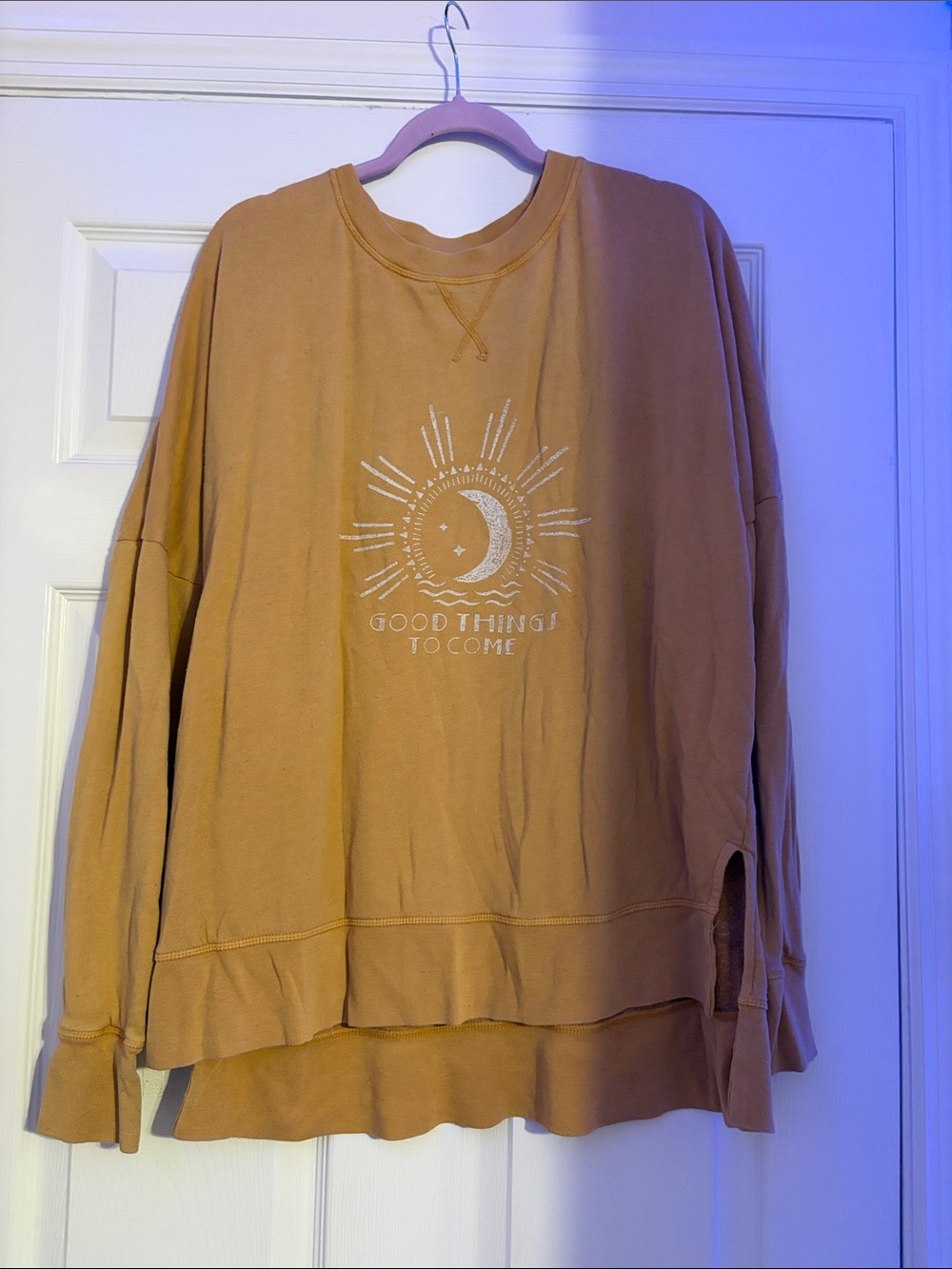 True Craft Men's Crewneck Pullover Sweater in Mustard with Sun & Moon Graphic